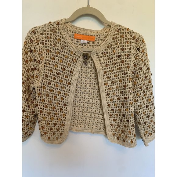 Vtg Y2K Cottage Core Ecru Crochet Gem Beaded Open shrug Cardigan Broach Clasp - Picture 2 of 10